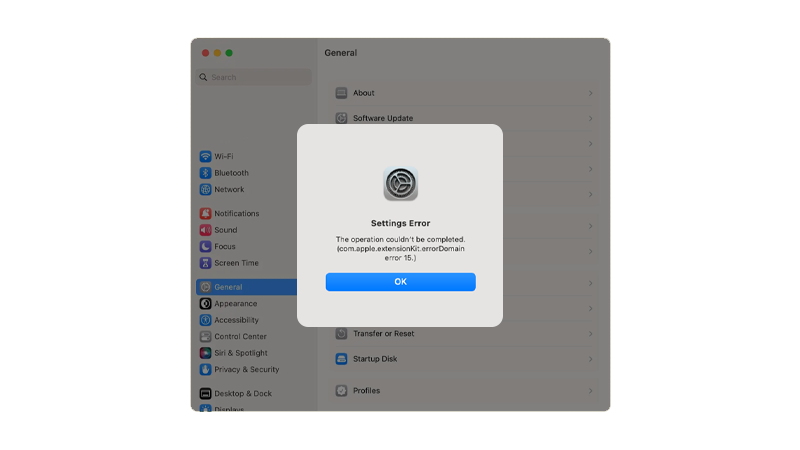 com.apple.extensionkit.errorDomain error 15 on Mac
