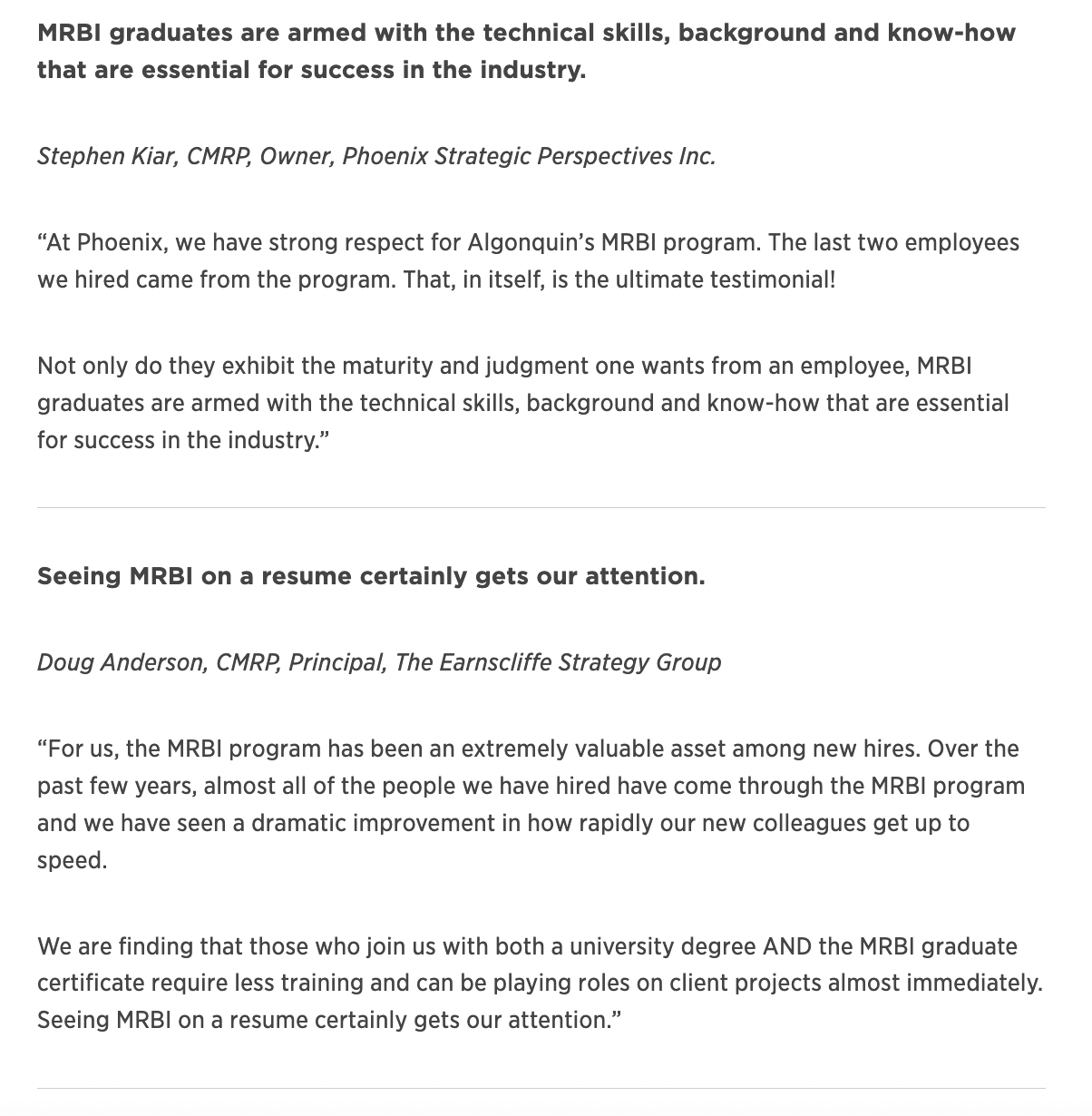 employer testimonials college