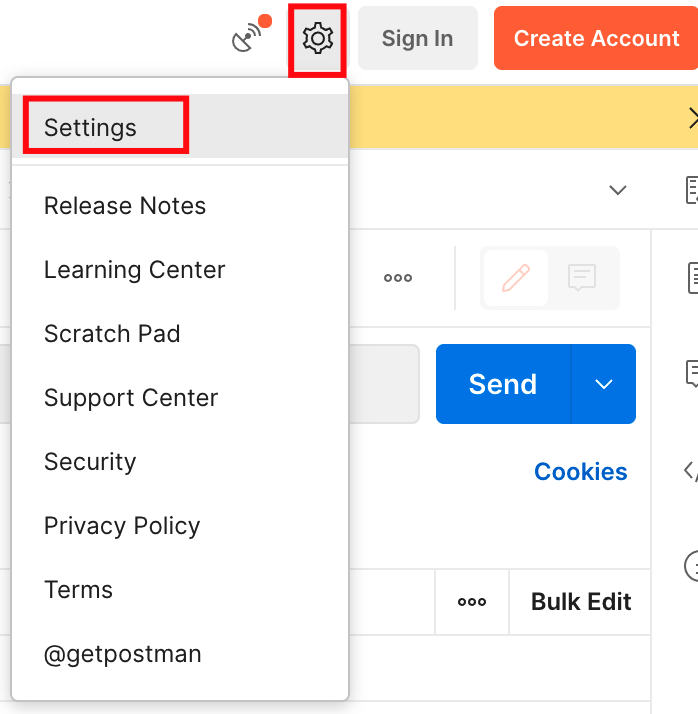 Postman with the preferences menu open and the Settings icon highlighted.