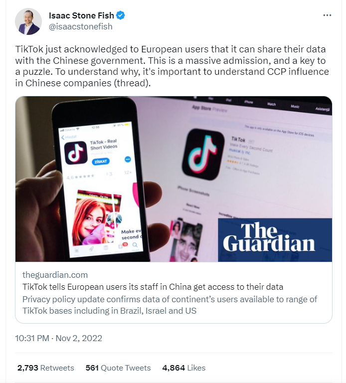 Tweet about TikTok admitting employees in China can see data
