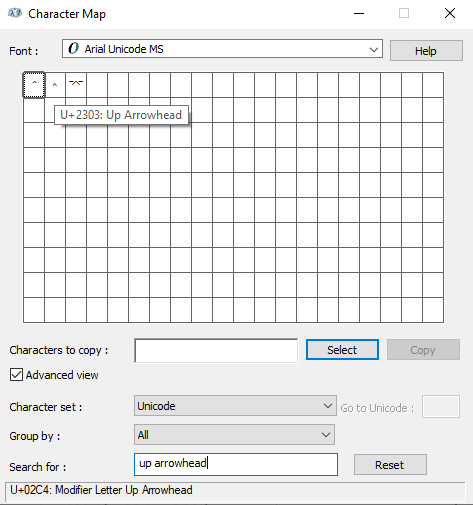 searching for Arrowhead Symbols in character map view