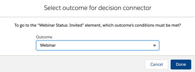 Connect the decision element to the first create record element and select webinar as the outcome.