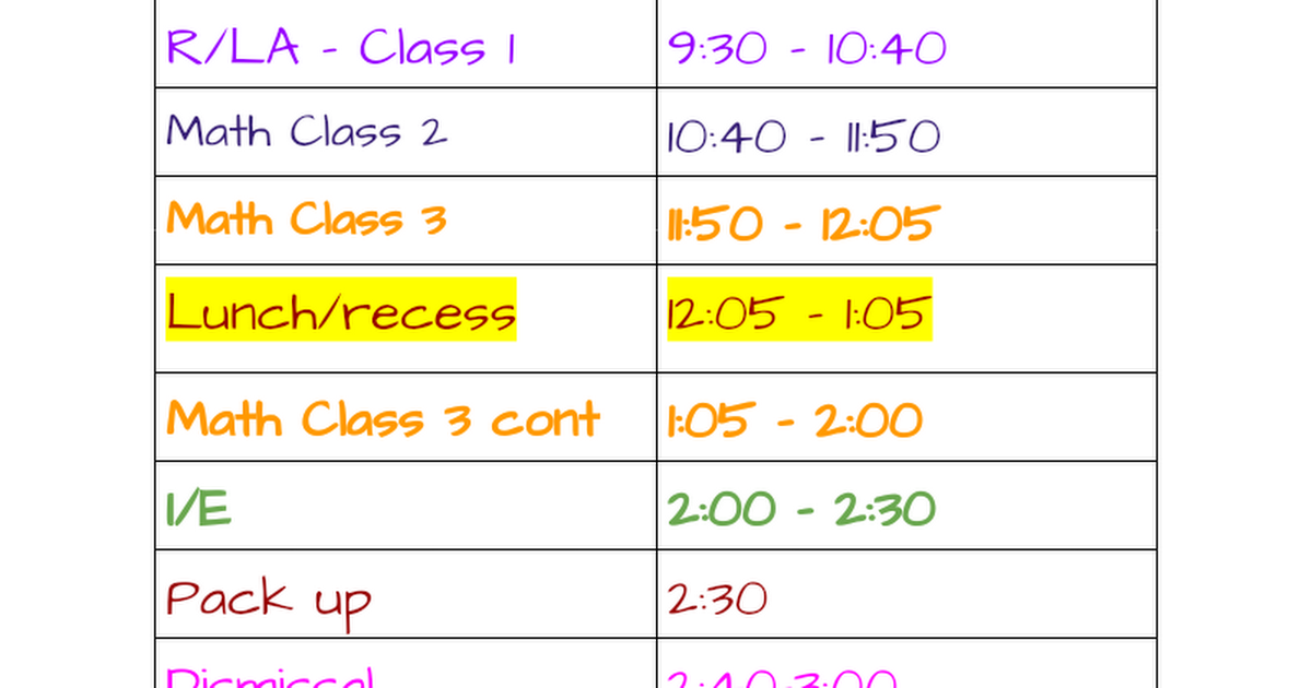 5th Grade Daily Schedule