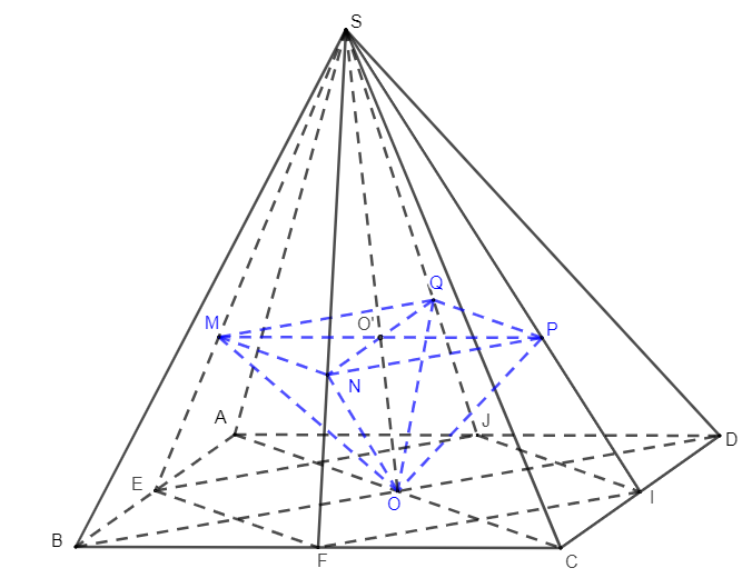 18. Cho hình chóp (S.ABCD) có đáy là hình bình hành, thể tích là (V). Gọi (M,,N,,P,,Q) lần lượt là trọng tâm các mặt (SAB,SBC,,SCD,,SDA) của hình chóp; (O) là giao điểm của (AC,,BD). Tính theo (V) thể tích khối chóp (O.MNQ).</p> 1