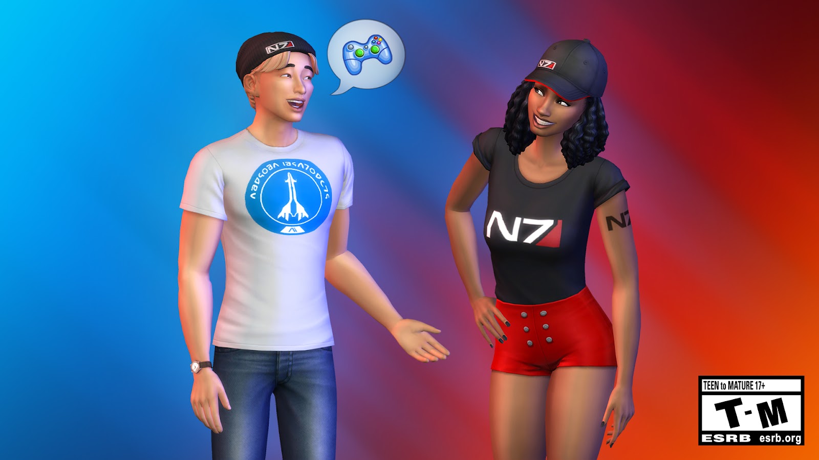 Two Sims wearing N7 Day-themed attire while talking about games. Rated Teen to Mature.