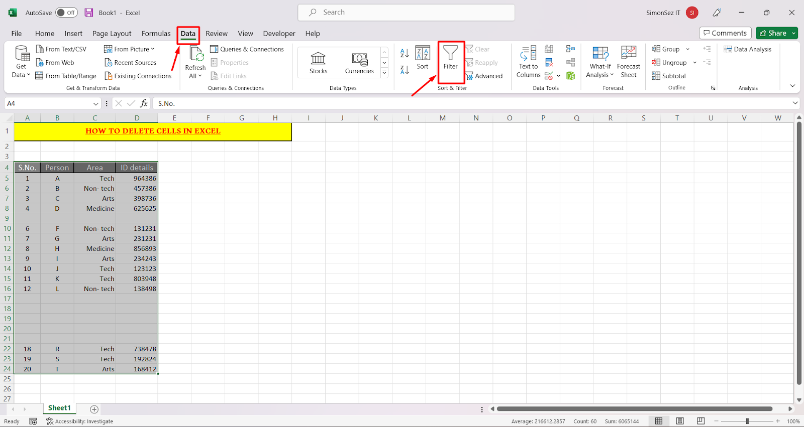 How to delete multiple rows in Excel- filter option under Data tab