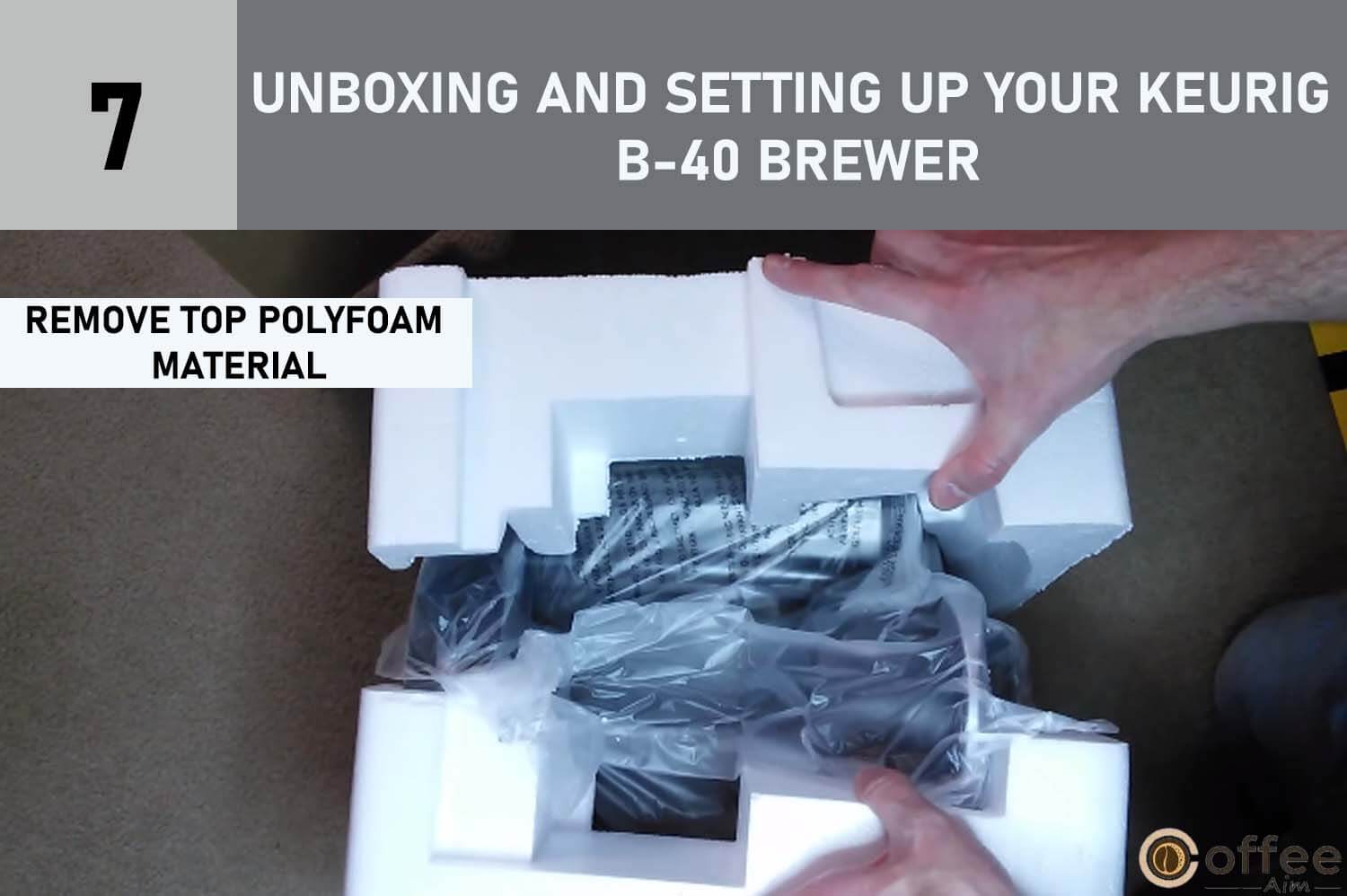 The image illustrates the process of carefully removing the top protective material from the Keurig B-40 Brewer. This step is a crucial part of the unboxing and setup process, ensuring that your brewer is ready for use. As you embark on the journey of setting up your Keurig B-40 Brewer, this step signifies the initial stages of preparing your machine to deliver exceptional brewing experiences. Follow along with our comprehensive guide on "How to Use the Keurig B-40
