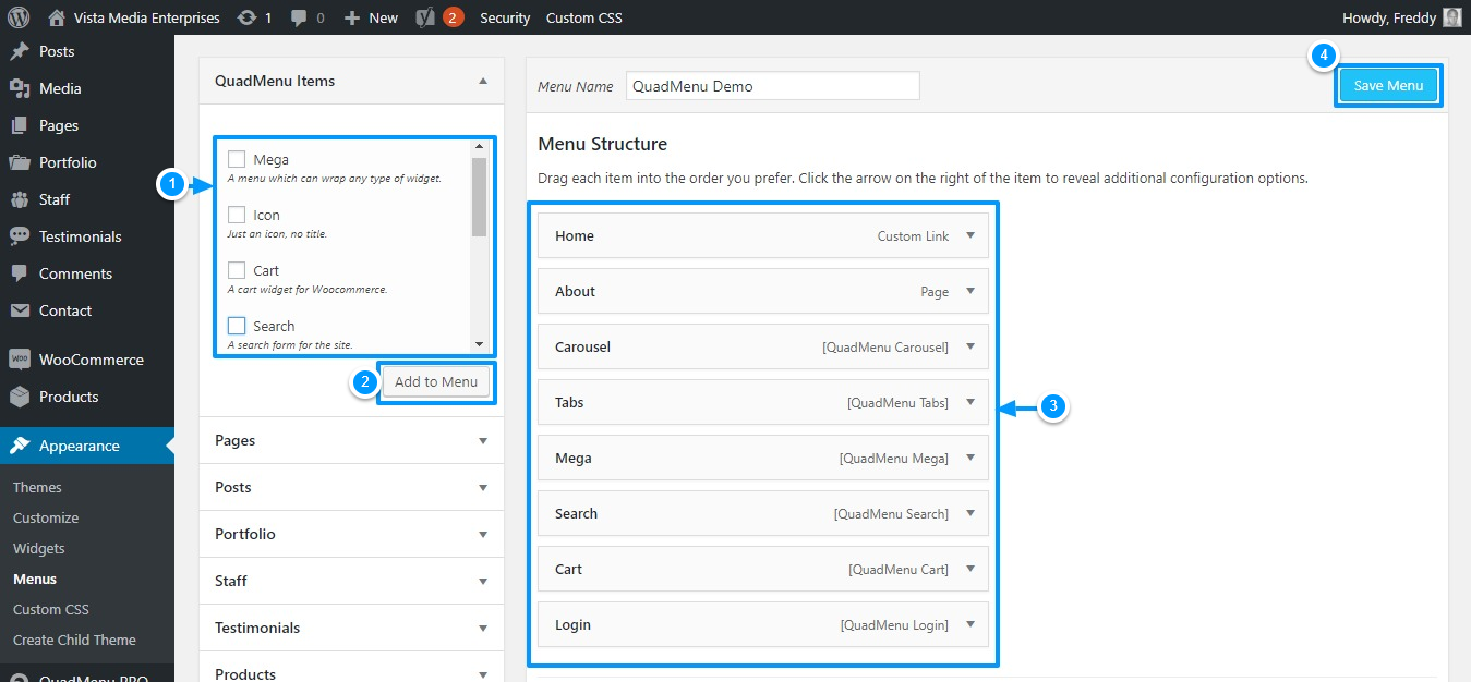 adicionando itens de quadmenu ao seu menu wordpress