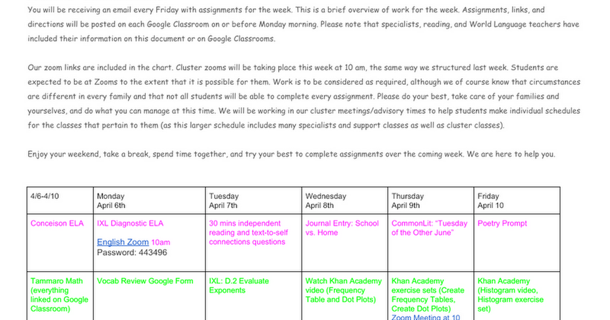  Weekly Assignment Grid 4/6 - Cluster 2
