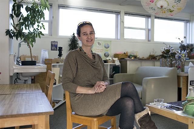 Katy Moon sits in the Mountain Valley Montessori School classroom, one of 22 venues for Saturday’s Jazz Walk. - Allyce Andrew/Staff Photo