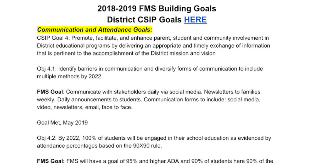 2018-2019 FMS Building Goals