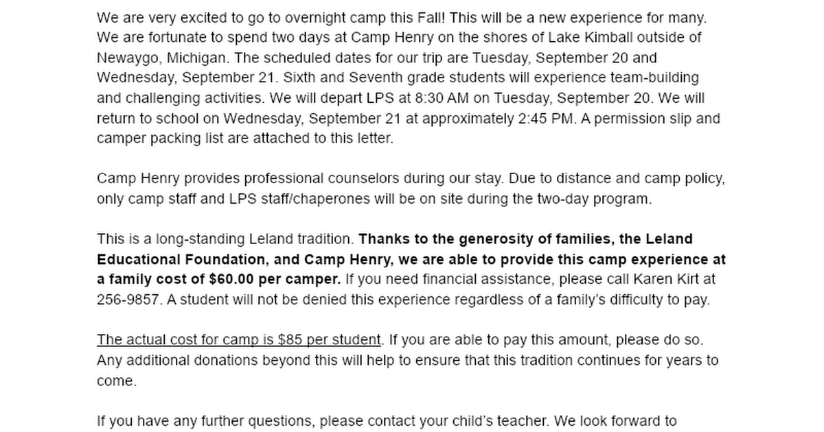Camp Henry Letter and Form