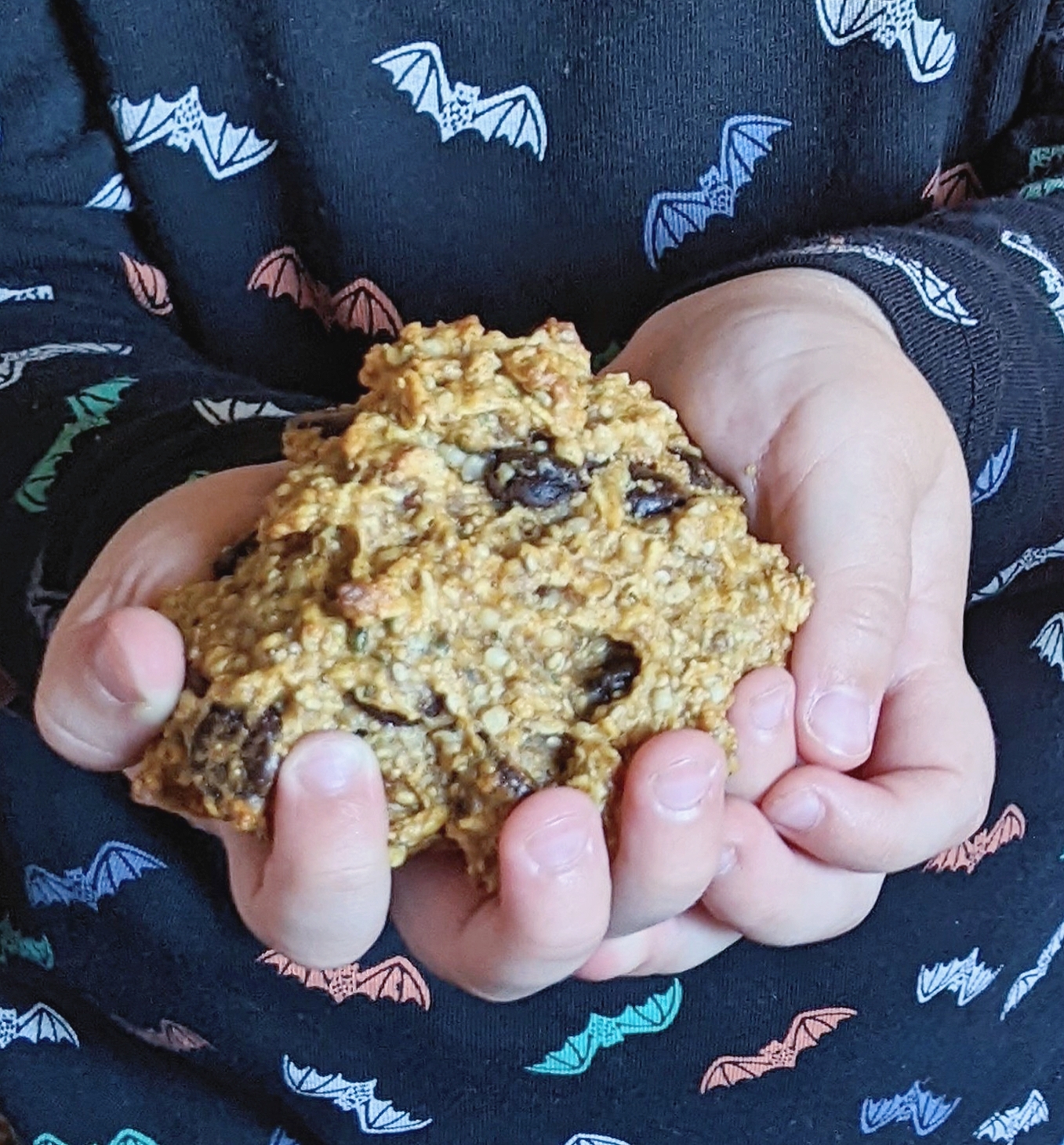 close up of a child holding a breakfast cookie