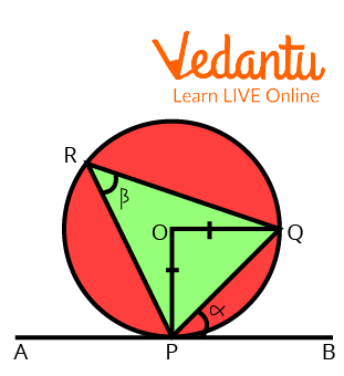 A circle is drawn with a triangle inscribed it to prove the Alternate Segment Theorem