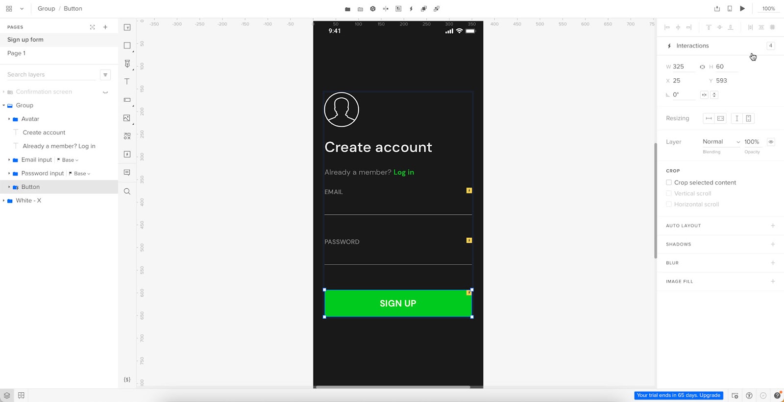 interactive prototyping of signup form in uxpin