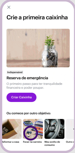 App do Nubank mostrando a opção de criar uma reserva de emergência.