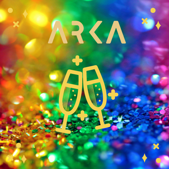 New Year's at Arka with two champagne glasses toasting in front of a star confetti background