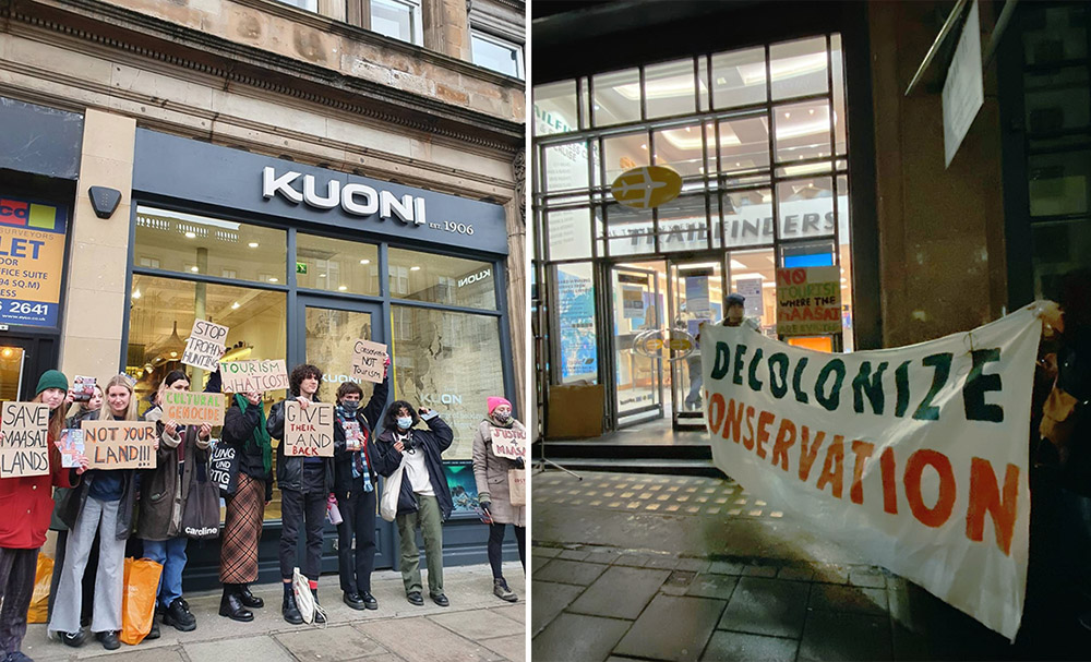 Left: placard-holding rebels outside Kuoni travel agency. Right: two rebels hold banner saying Decolonize3 conservation outside Trailfinders