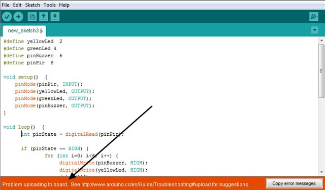 Gambar proses upload program (sketch) gagal arduino