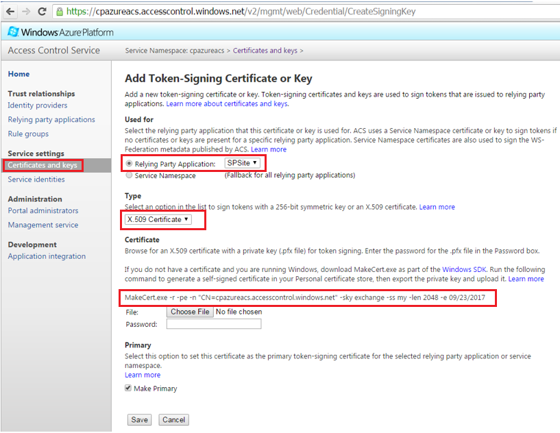 Azure ACS Add Token Signing Certificate and Keys