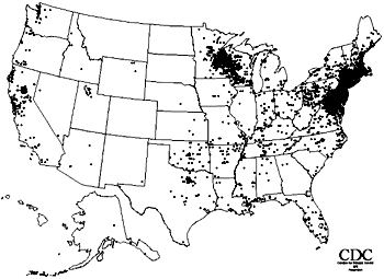 CDC map of reported human Lyme disease cases (by county) in the USA in 1997 (12,801 reported cases, 1 dot = 1 case randomly placed within county of residence).