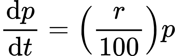 {"id":"23-2-1-0-1-1-1-0","code":"\\begin{align*}\n{\\diff{p}{t}}&={\\left(\\frac{r}{100}\\right)p}\t\n\\end{align*}","type":"align*","font":{"color":"#000000","family":"Arial","size":10},"ts":1603798729501,"cs":"WyH7xNUeWneAVUIlSHxJzQ==","size":{"width":101,"height":32}}