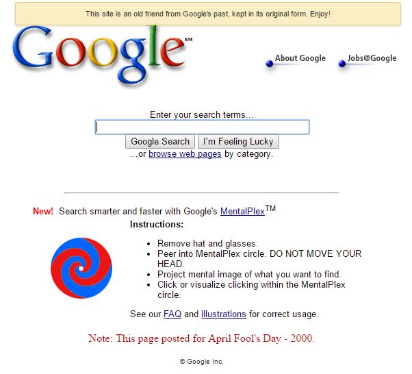 Screenshot of  Google as it appeared on April Fool’s Day in 2000, with a spinning pinwheel and instructions to stare into it and think about what you want to search for.