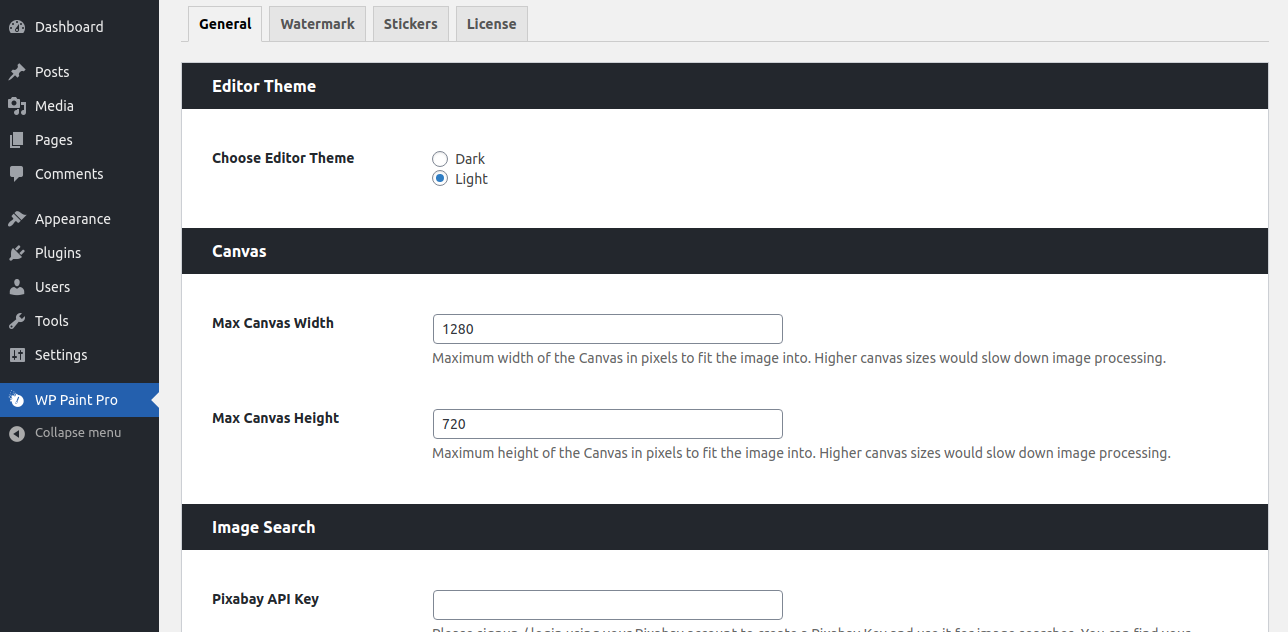 WP Paint Pro Settings - General