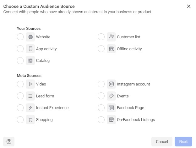 choose a custom audience source for your facebook ads