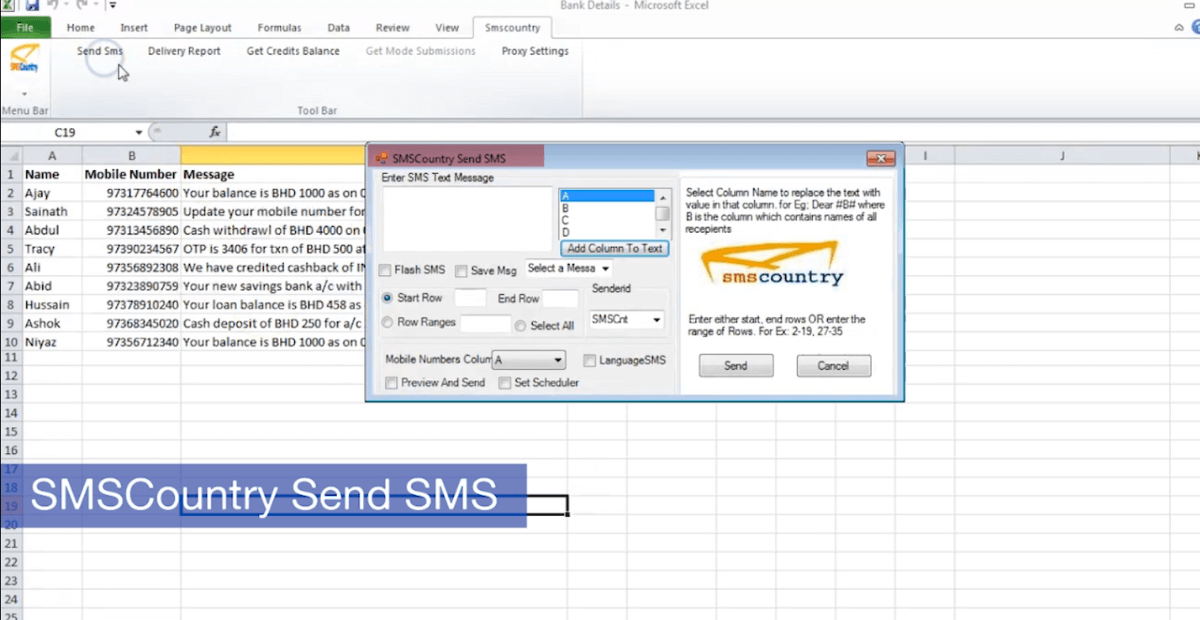 Image showing how to write an SMS with the SMSCountry plugin - SMSCountry Excel SMS Plugin
