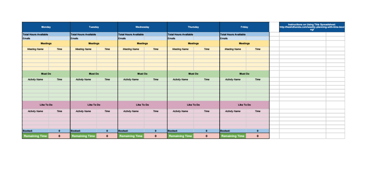 Weekly Planning with Time Boxing Template - Google Sheets