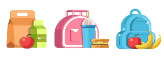 Cartoon image of three lunch boxes and fruit, milk, water and a sandwich