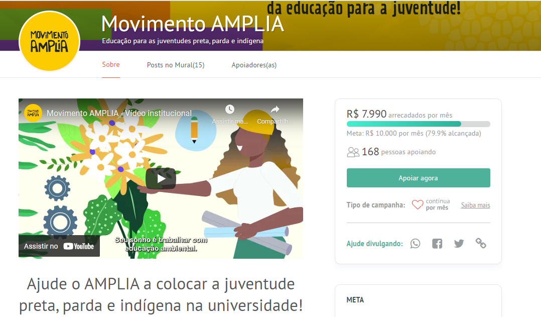 Página de campanha do Movimento Amplia contém vídeo de abertura e texto informativo.