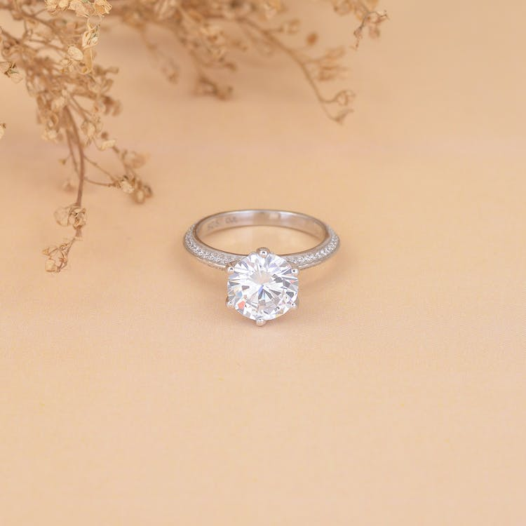 Silver gemstone engagement ring in stunning close-up