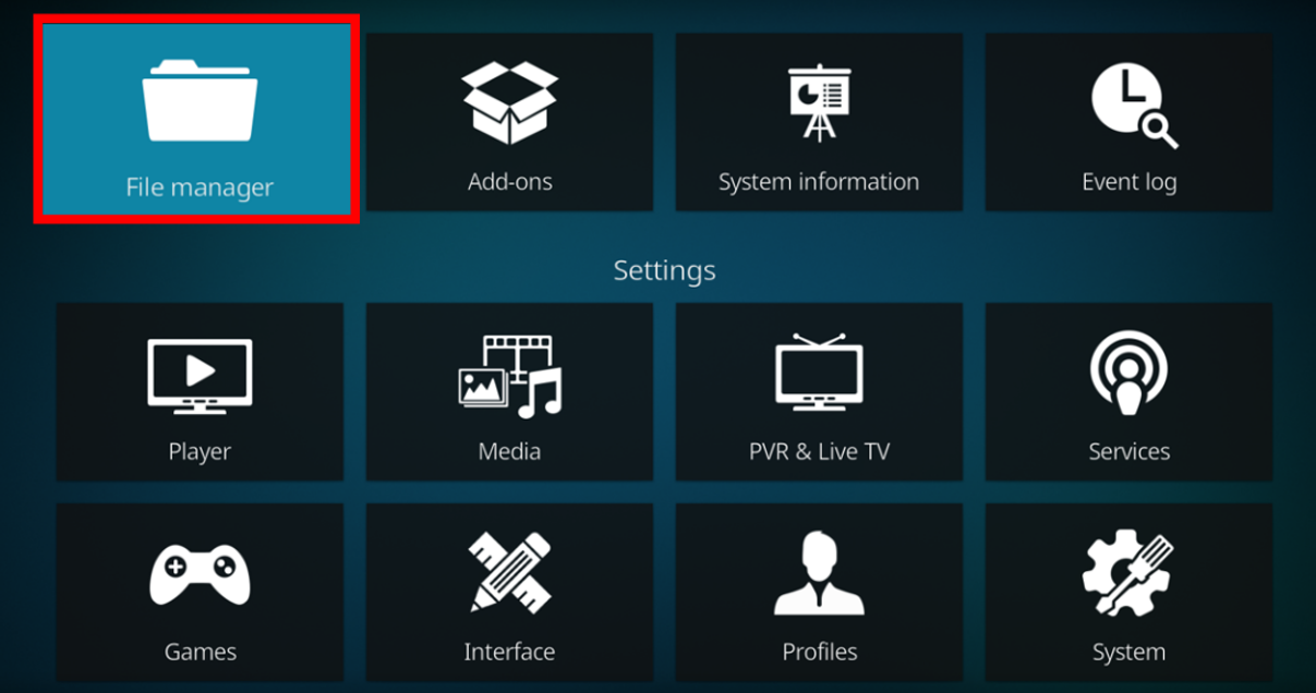 Kodi menu with the File manager option highlighted in a red border
