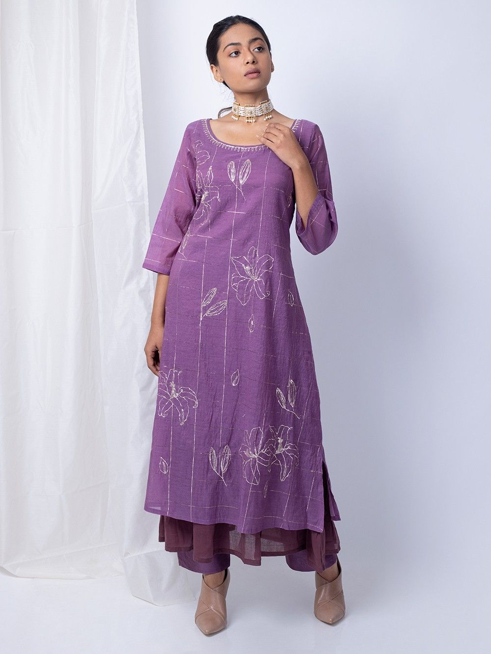 the loom- Purple Chanderi Checkered A-Line Suit