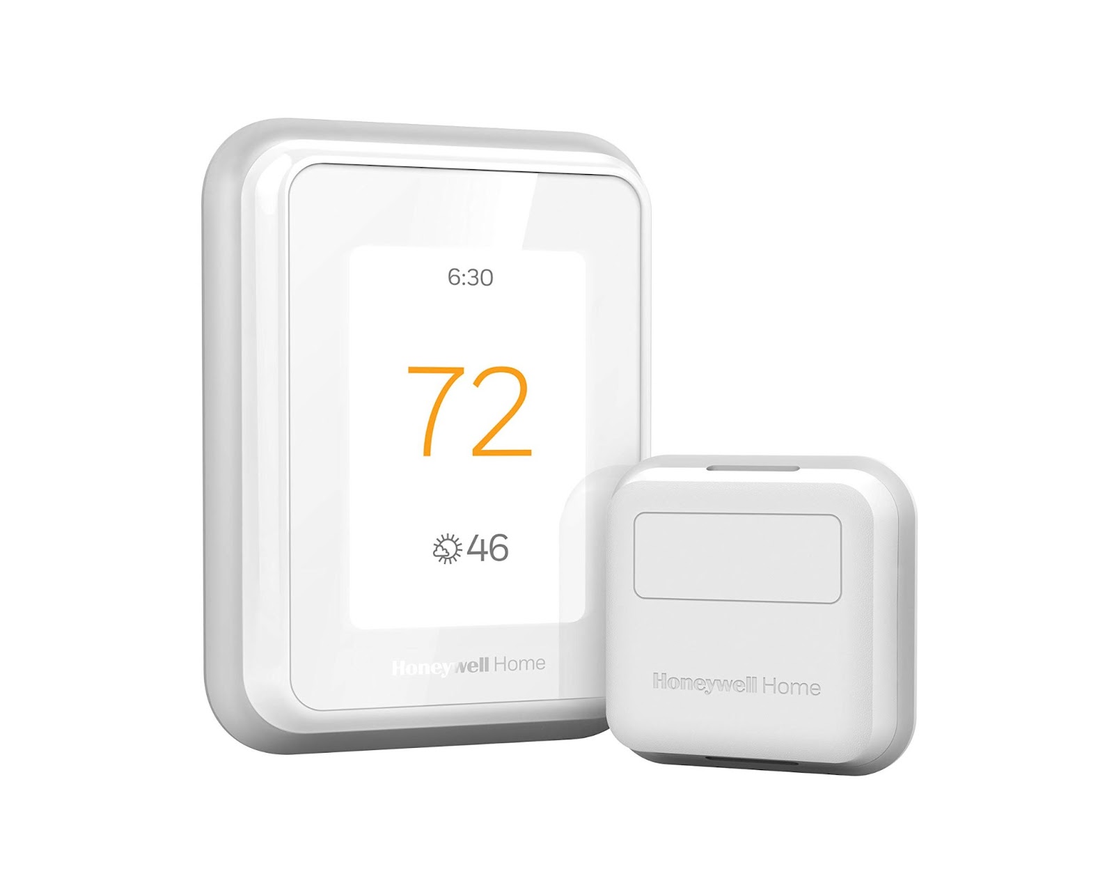 Honeywell Home T9 Smart Thermostat is a white vertical rounded rectangular shaped thermostat that comes with a rounded square sensor to assist it. 