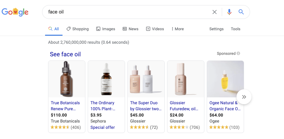 Screenshot of all results for "Face Oil" search.