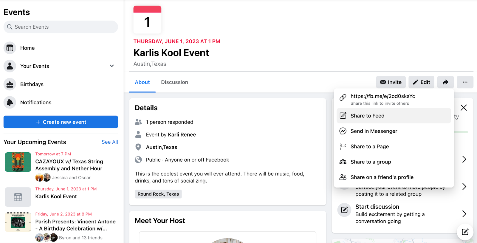A screenshot showing how to share an event on Facebook
