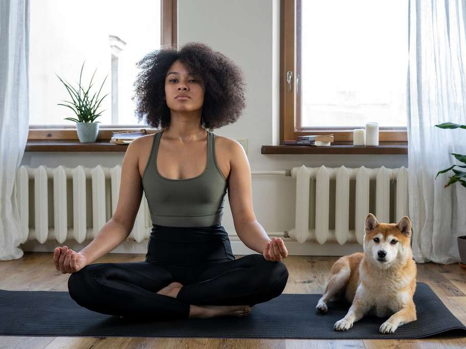 A woman and her dog practicing yoga.