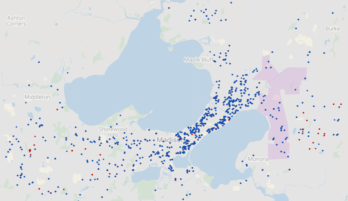 Map showing for and against