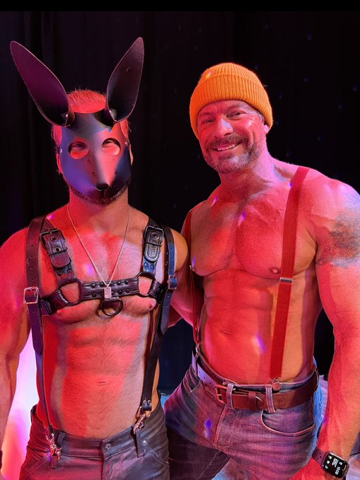 Greg Dixxon dressed like a lumberjack  for gay Halloween while with gay boyfriend Bruce Jones who is dressed like a scary leather bunny