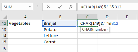 Use the CHAR formula to convert normal text into bullet points